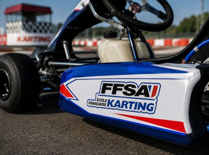 Sticker FFSA École Française de Karting appliqué sur le carénage latéral d'un kart de compétition su