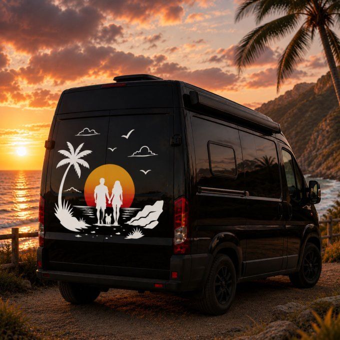 Sticker Voyage & Vanlife – Couple, Chien et Coucher de Soleil