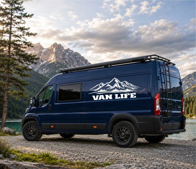 Sticker VAN LIFE avec montagnes posé sur le côté d'un van aménagé bleu nuit au bord d'un lac de mont